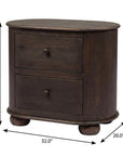 26" Brown Solid Wood Oval Distressed Two Drawer Nightstand