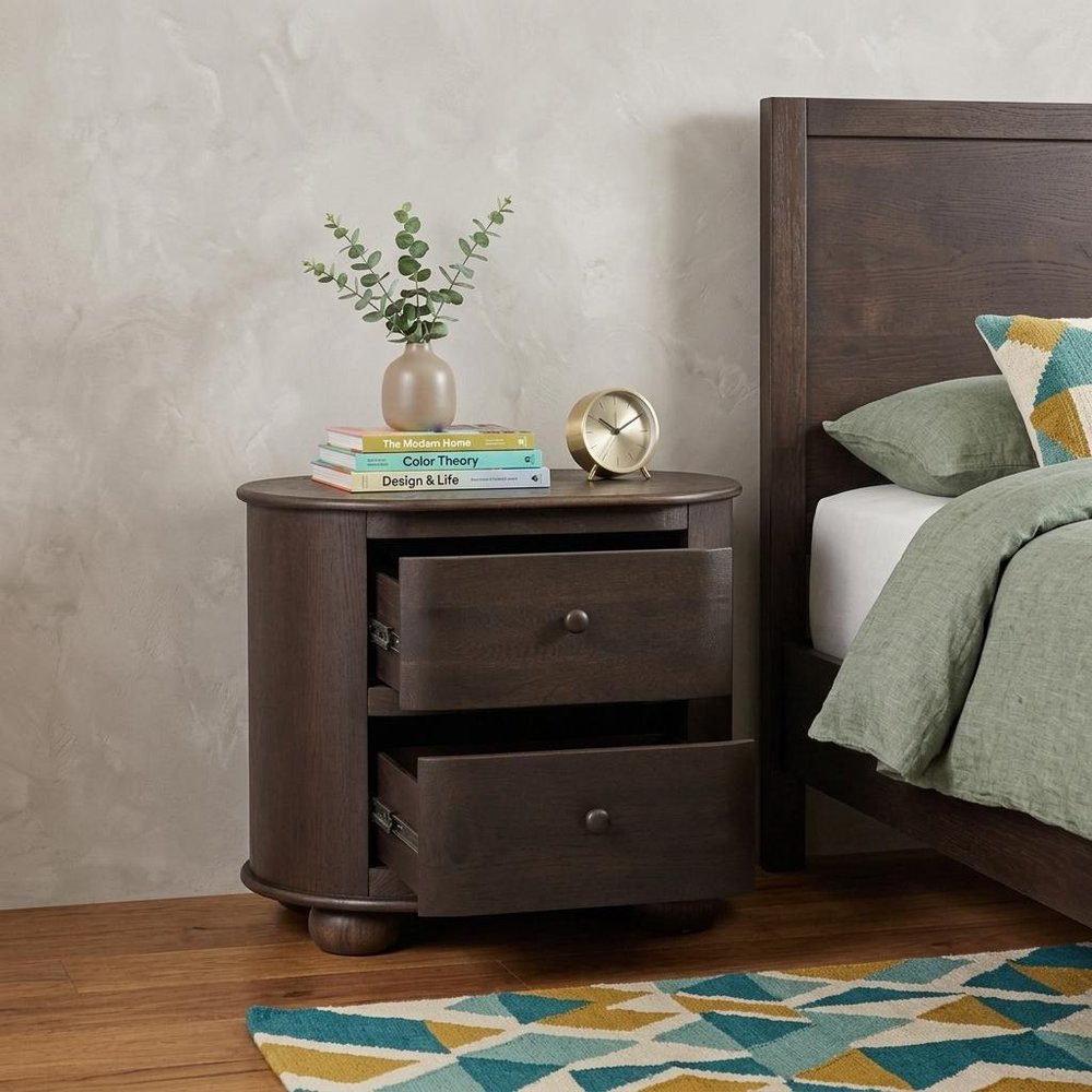 26" Brown Solid Wood Oval Distressed Two Drawer Nightstand