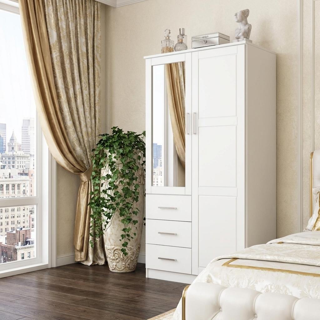 72" White Solid Wood Mirrored Two Door Three Drawer Combo Dresser