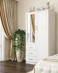 72" White Solid Wood Mirrored Two Door Three Drawer Combo Dresser