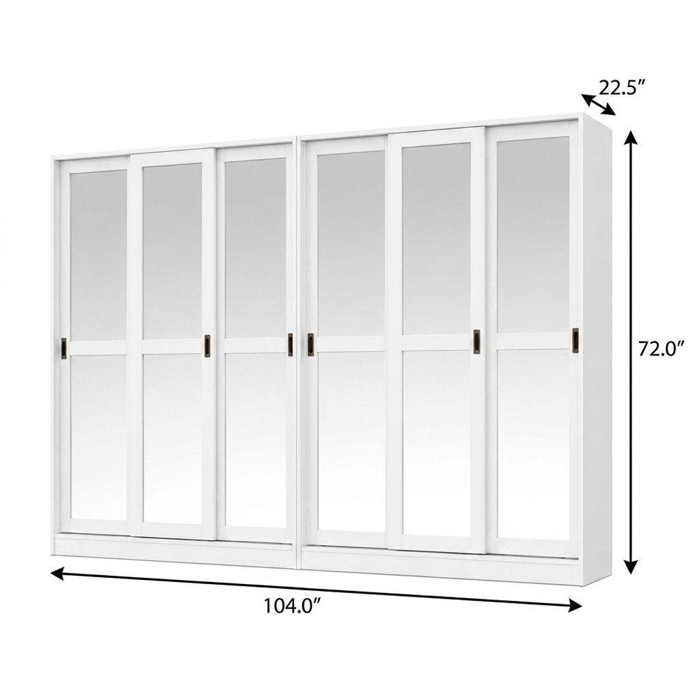 72" White Solid Wood Mirrored Six Door Combo Dresser