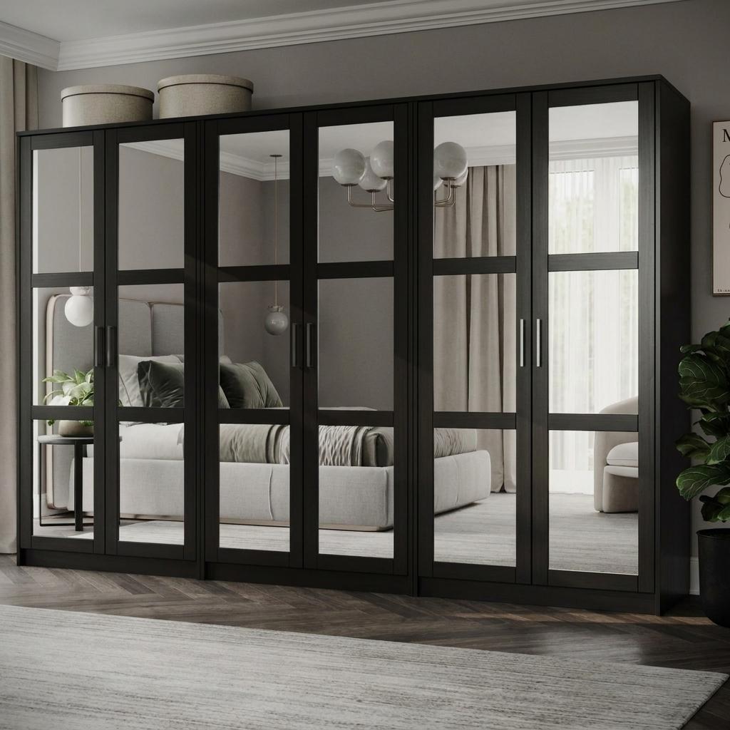 72" Black Solid Wood Mirrored Six Door Combo Dresser