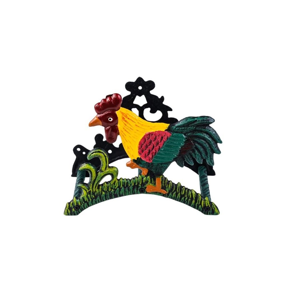 8" Black Yellow Red And Green Cast Iron Rooster Garden Hose Hanger