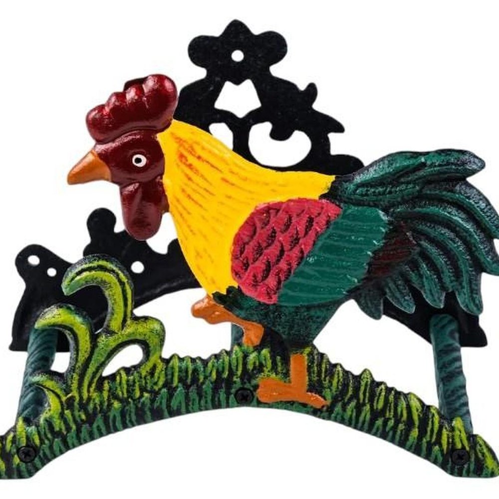 8" Black Yellow Red And Green Cast Iron Rooster Garden Hose Hanger
