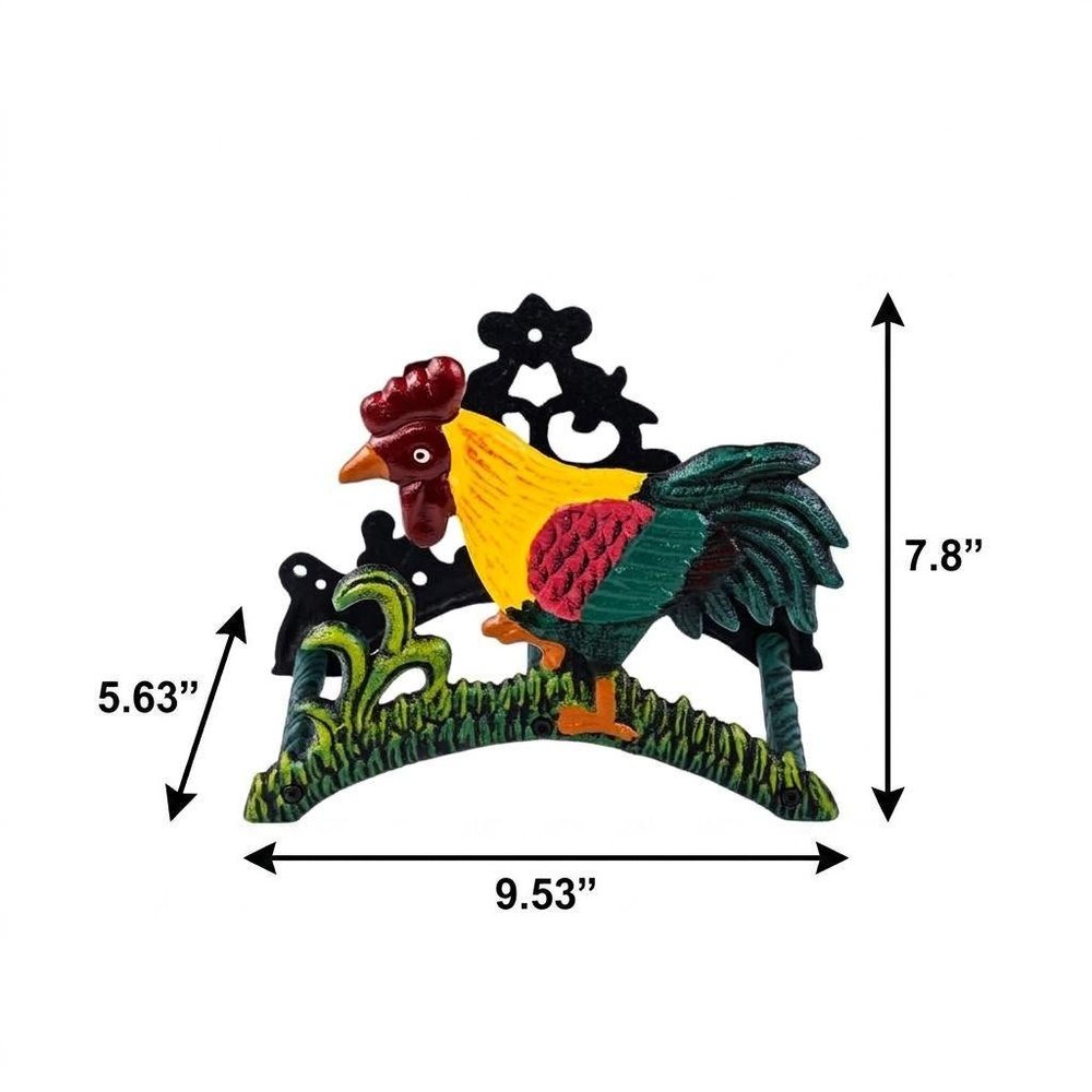 8" Black Yellow Red And Green Cast Iron Rooster Garden Hose Hanger