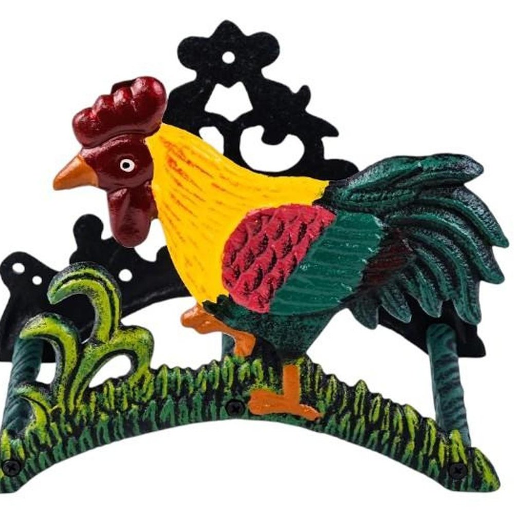 8" Black Yellow Red And Green Cast Iron Rooster Garden Hose Hanger