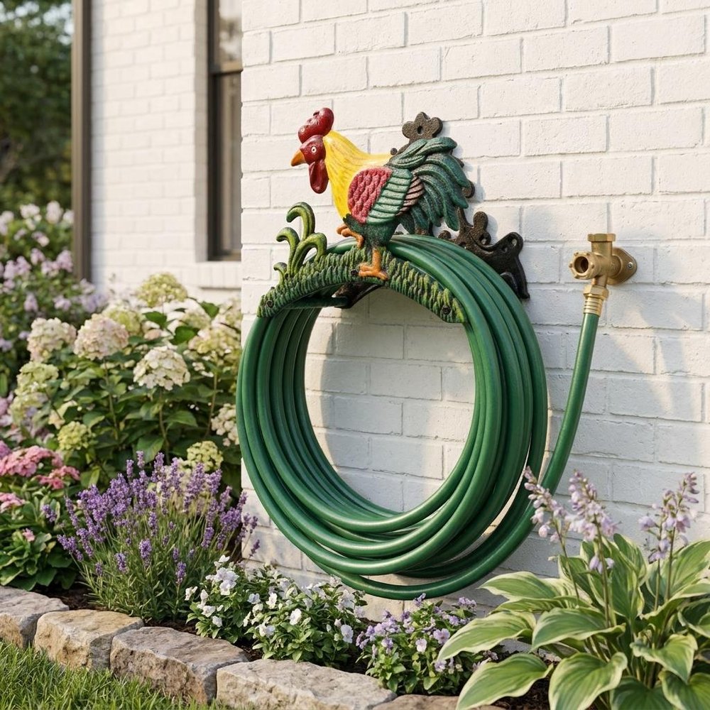 8" Black Yellow Red And Green Cast Iron Rooster Garden Hose Hanger