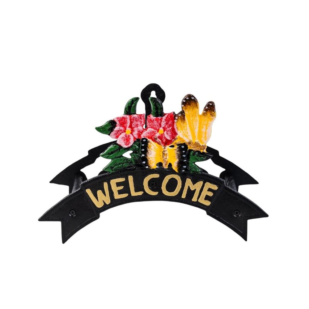 8" Black Yellow And Pink Iron Floral Bouquet Welcome Garden Hose Hanger