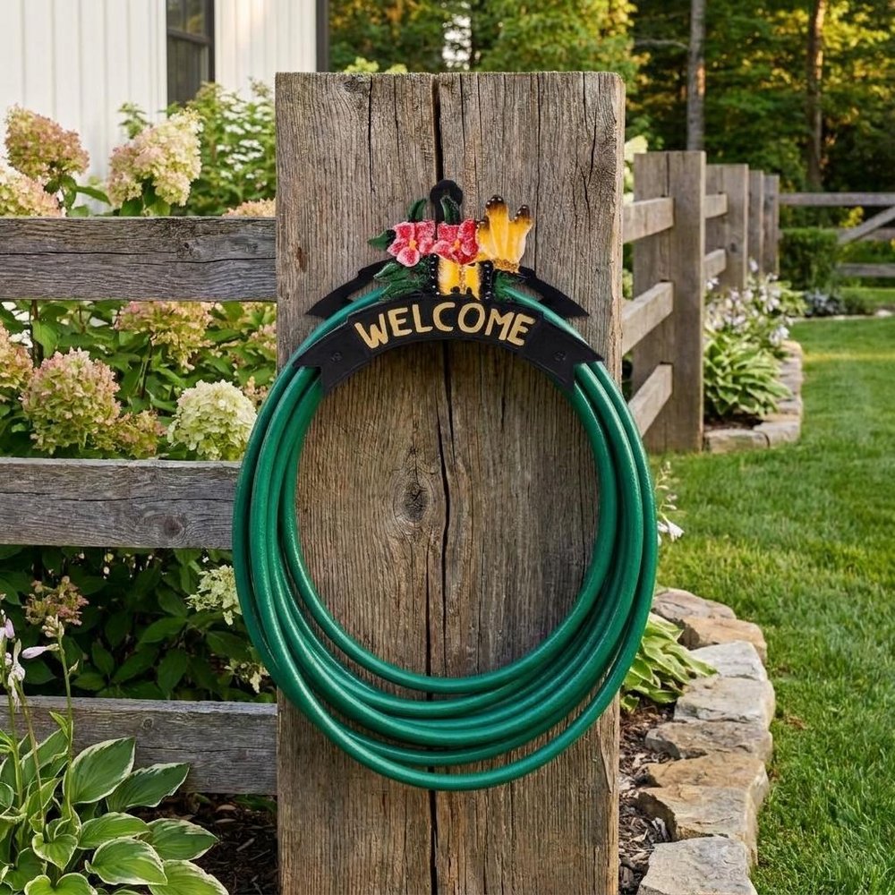 8" Black Yellow And Pink Iron Floral Bouquet Welcome Garden Hose Hanger
