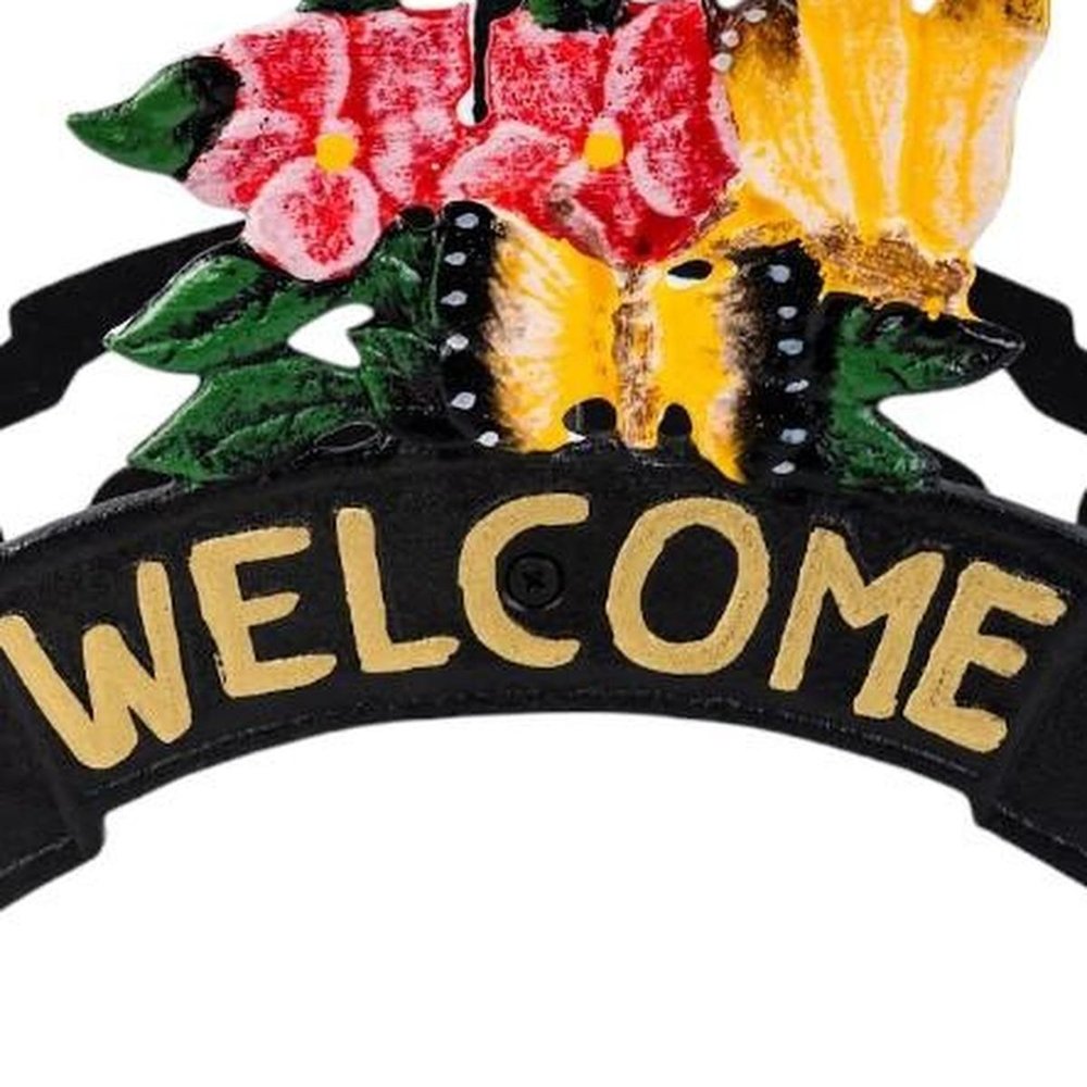 8" Black Yellow And Pink Iron Floral Bouquet Welcome Garden Hose Hanger