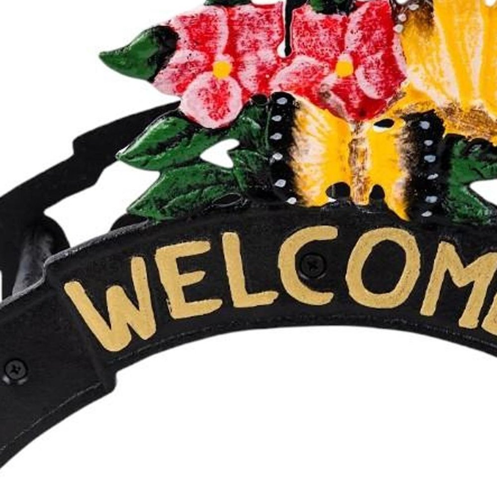 8" Black Yellow And Pink Iron Floral Bouquet Welcome Garden Hose Hanger