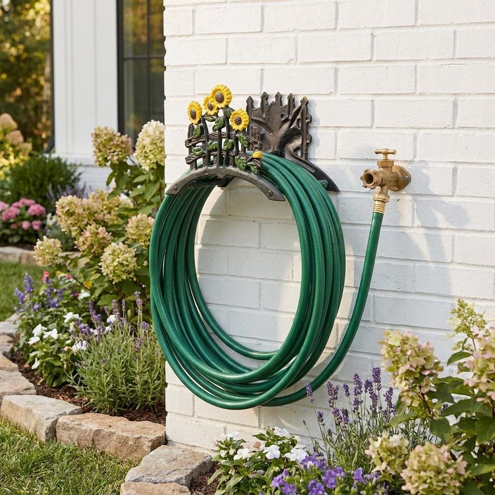 7" Yellow Black And Green Iron Sunflowers Garden Hose Hanger