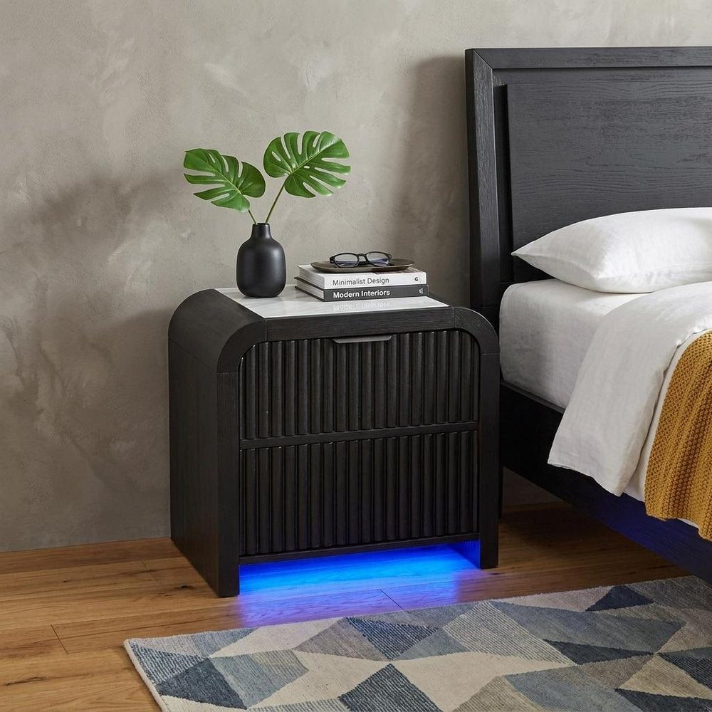 27" White And Black Wood Lighted Nightstand with USB Port and Integrated Tech