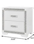 26" White Wood Faux Crystal Bling Two Drawer Nightstand