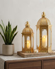 Set of Two Clear And Gold Filigree Glass And Metal Tabletop Lantern Candle Holders