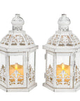 Set of Two White Distressed Glass And Metal Tabletop Lantern Candle Holders