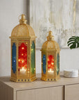 Set of Two Gold Glass Tabletop Candelabra Candle Holders