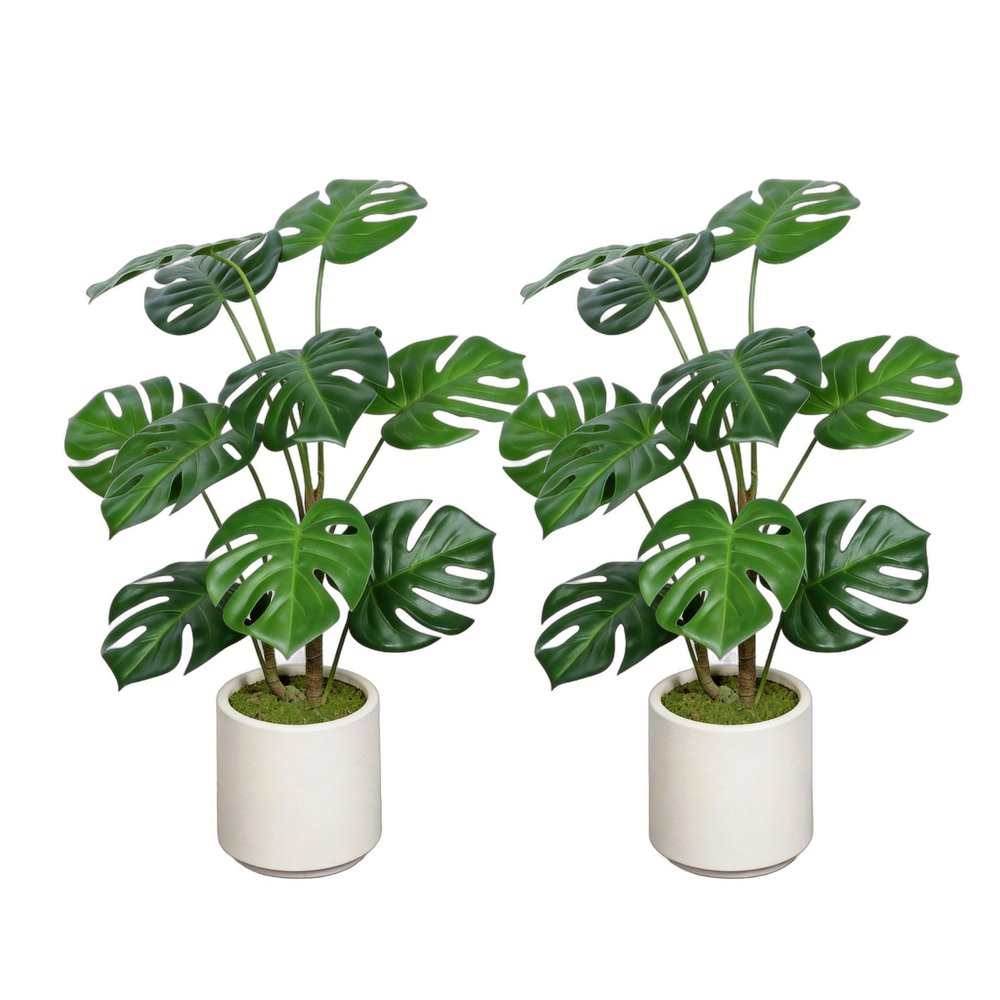 Set of Two 30" Green Artificial Elephant Ear Tree In Round White Pot