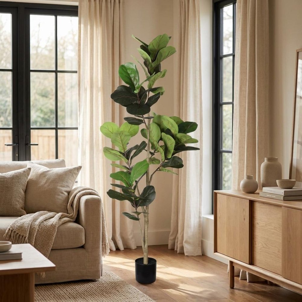 72" Green Artificial Fiddle Leaf Tree In Round Black Pot
