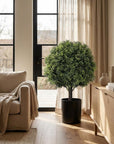 Set of Two 22" Green Artificial Boxwood Tree In Round Black Pot