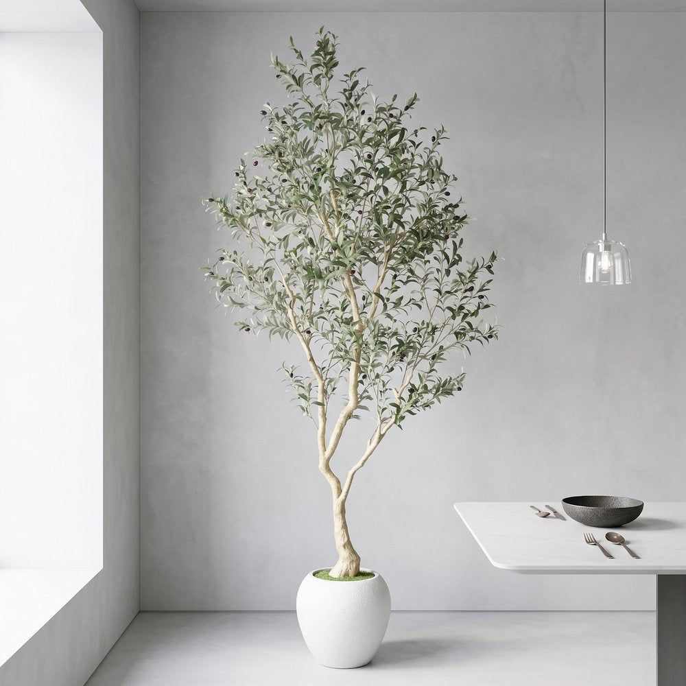 98" Green Artificial Olive Tree In Round White Pot
