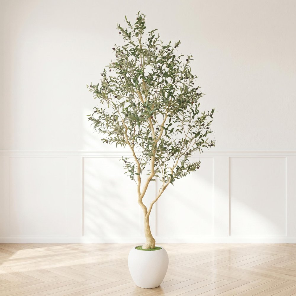 98" Green Artificial Olive Tree In Round White Pot