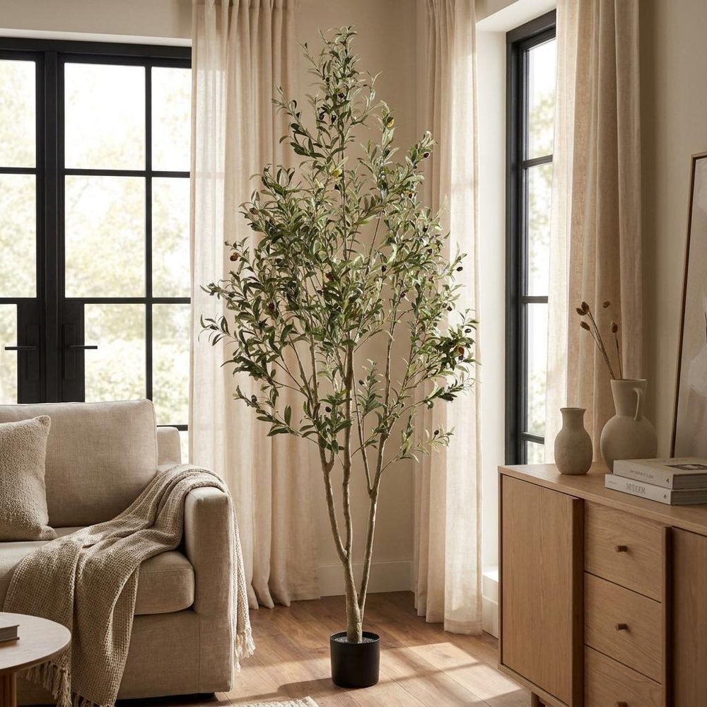 84" Green Artificial Olive Tree In Round Black Pot