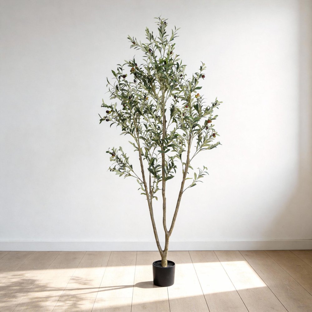 84" Green Artificial Olive Tree In Round Black Pot