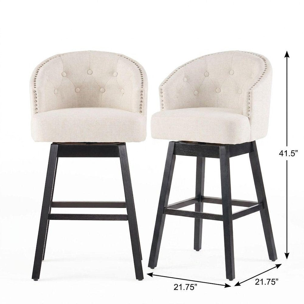 Set of Two 31" Beige And Dark Brown Fabric And Solid Wood Bar Height Swivel Bar Chairs