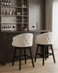 Set of Two 31" Beige And Dark Brown Fabric And Solid Wood Bar Height Swivel Bar Chairs