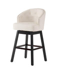 Set of Two 31" Beige And Dark Brown Fabric And Solid Wood Bar Height Swivel Bar Chairs