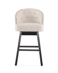 Set of Two 31" Beige And Dark Brown Fabric And Solid Wood Bar Height Swivel Bar Chairs