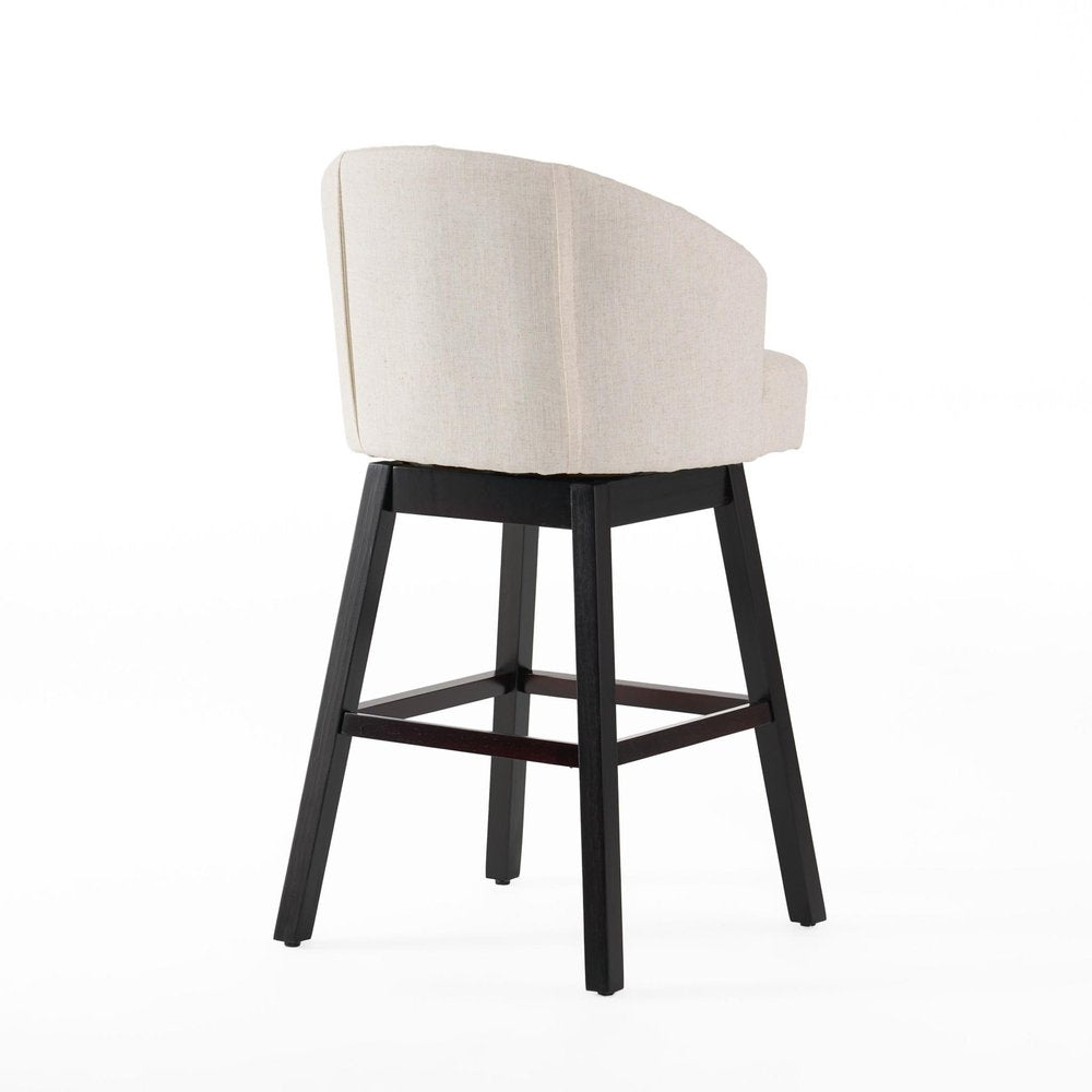 Set of Two 31" Beige And Dark Brown Fabric And Solid Wood Bar Height Swivel Bar Chairs