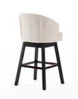 Set of Two 31" Beige And Dark Brown Fabric And Solid Wood Bar Height Swivel Bar Chairs