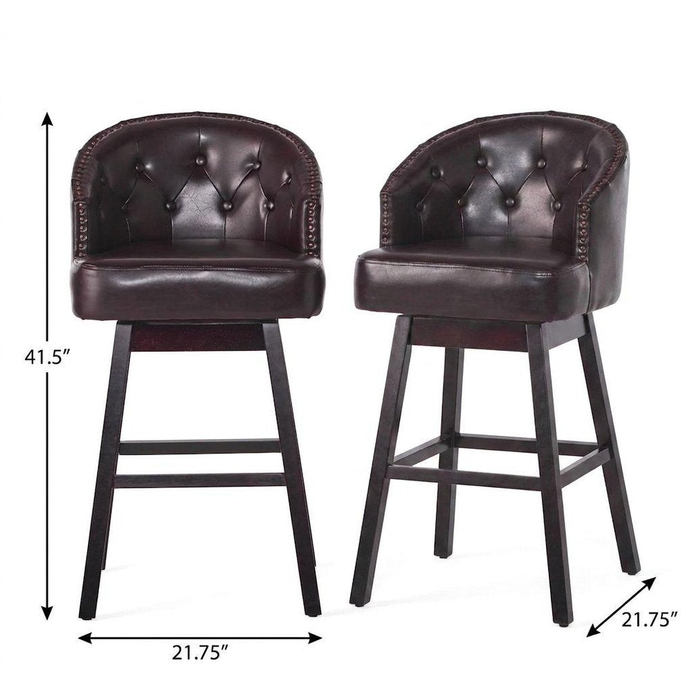 Set of Two 31" Beige And Dark Brown Fabric And Solid Wood Bar Height Swivel Bar Chairs
