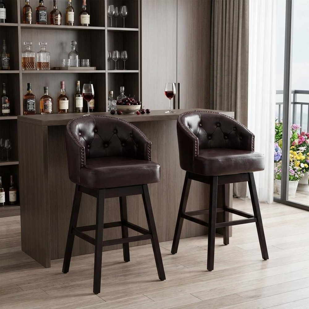 Set of Two 31" Beige And Dark Brown Fabric And Solid Wood Bar Height Swivel Bar Chairs
