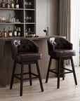 Set of Two 31" Beige And Dark Brown Fabric And Solid Wood Bar Height Swivel Bar Chairs