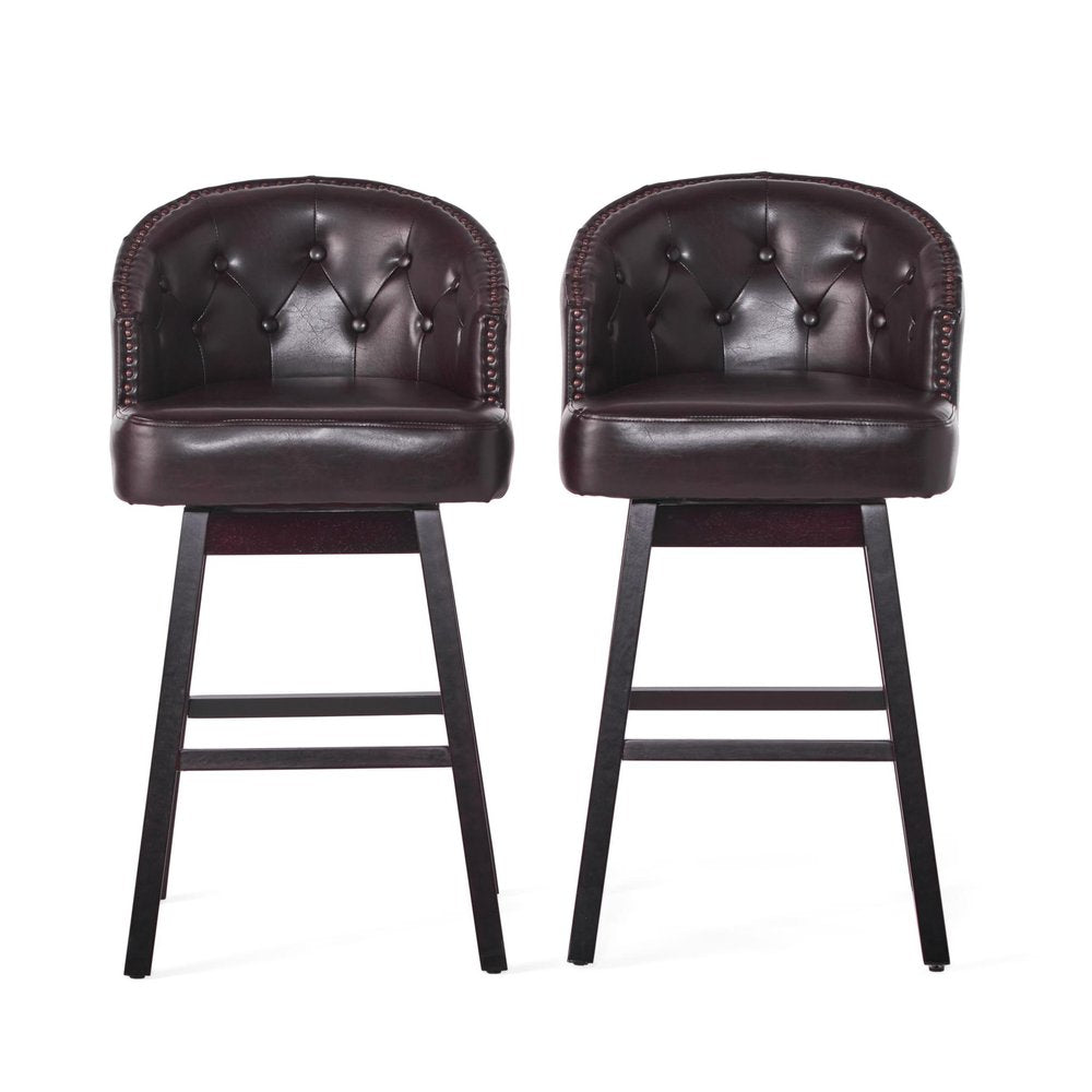 Set of Two 31" Beige And Dark Brown Fabric And Solid Wood Bar Height Swivel Bar Chairs
