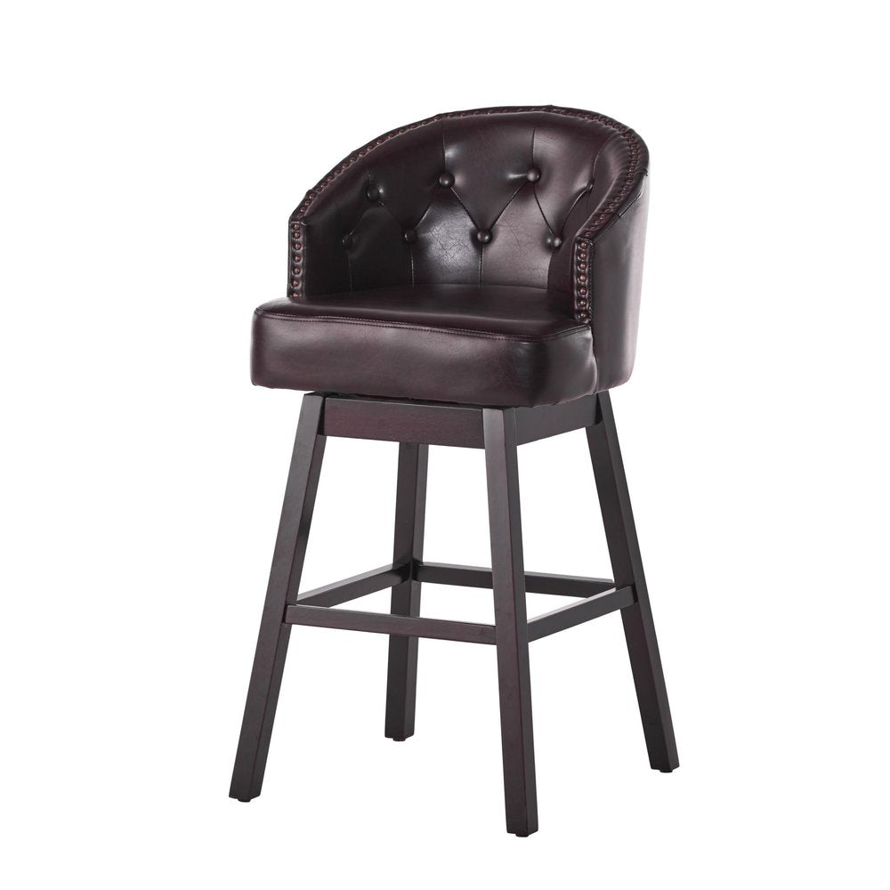Set of Two 31" Beige And Dark Brown Fabric And Solid Wood Bar Height Swivel Bar Chairs