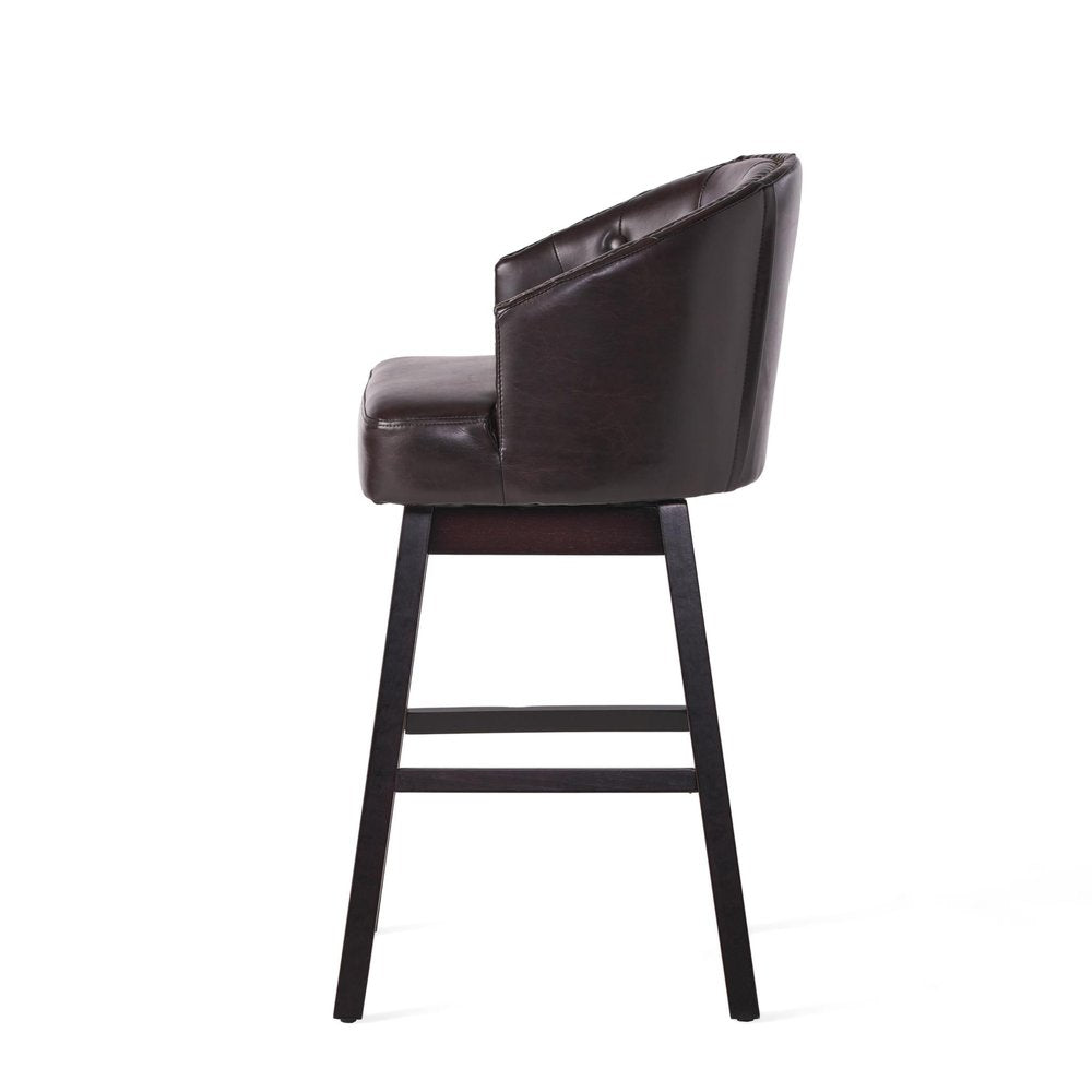 Set of Two 31" Beige And Dark Brown Fabric And Solid Wood Bar Height Swivel Bar Chairs