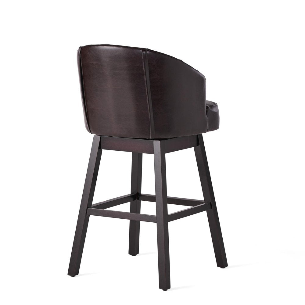 Set of Two 31" Beige And Dark Brown Fabric And Solid Wood Bar Height Swivel Bar Chairs