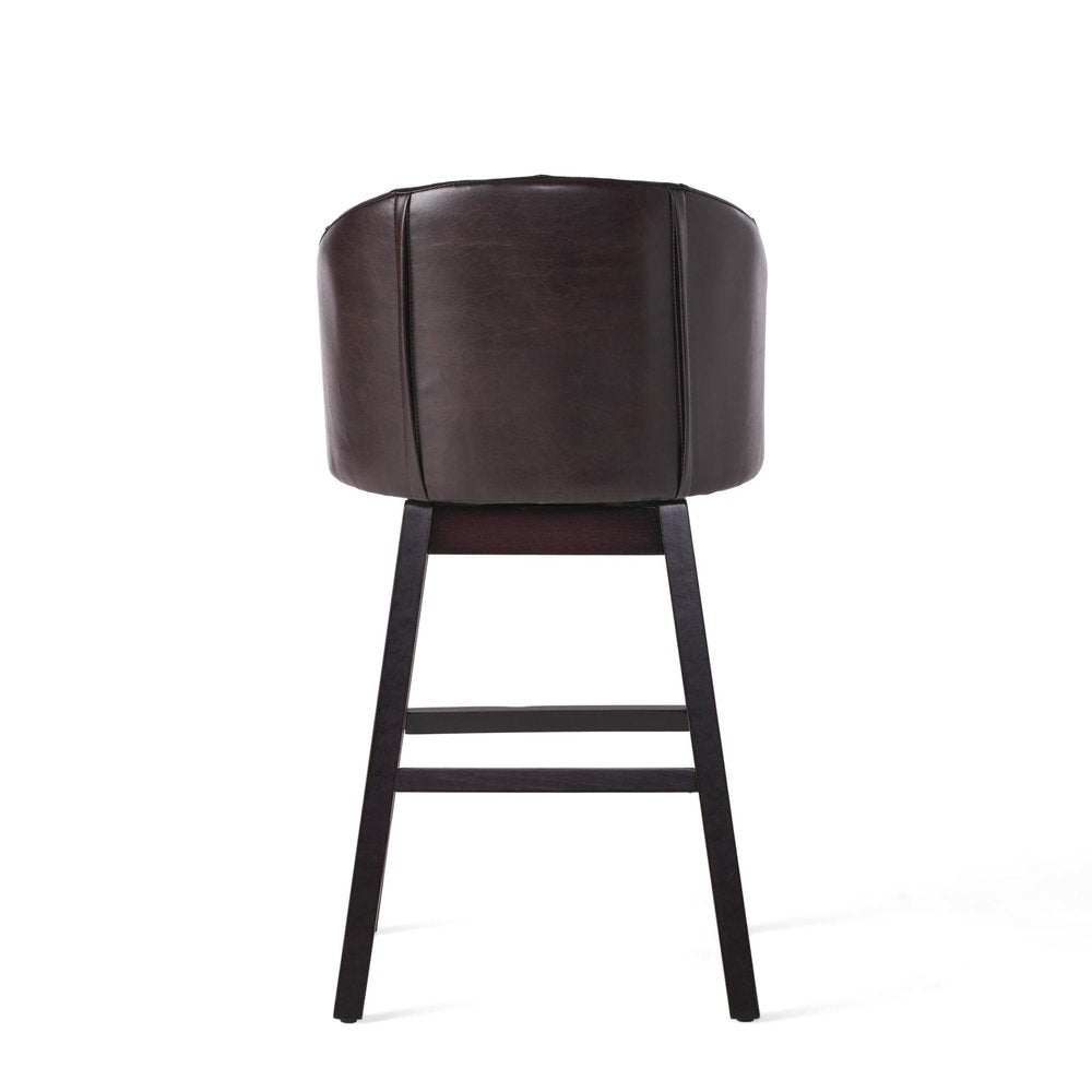 Set of Two 31" Beige And Dark Brown Fabric And Solid Wood Bar Height Swivel Bar Chairs