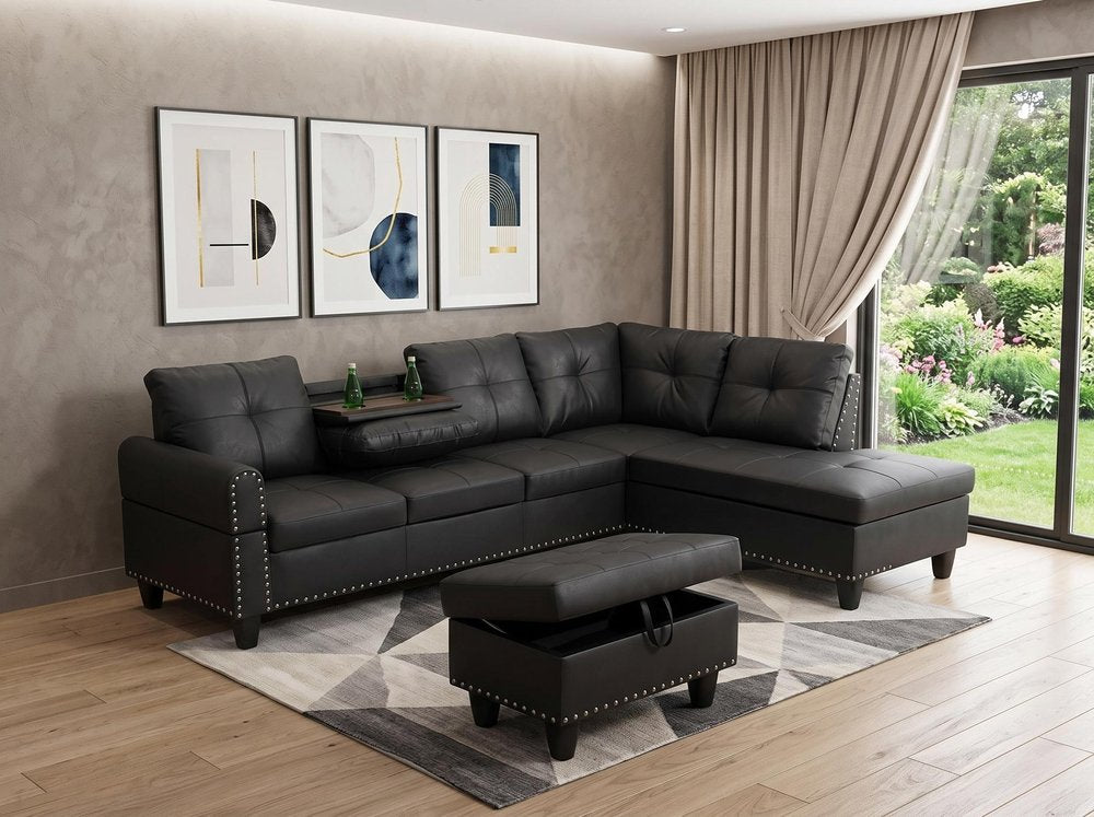 Modular L Shaped Three Piece Sofa and Chaise Sectional With Ottoman