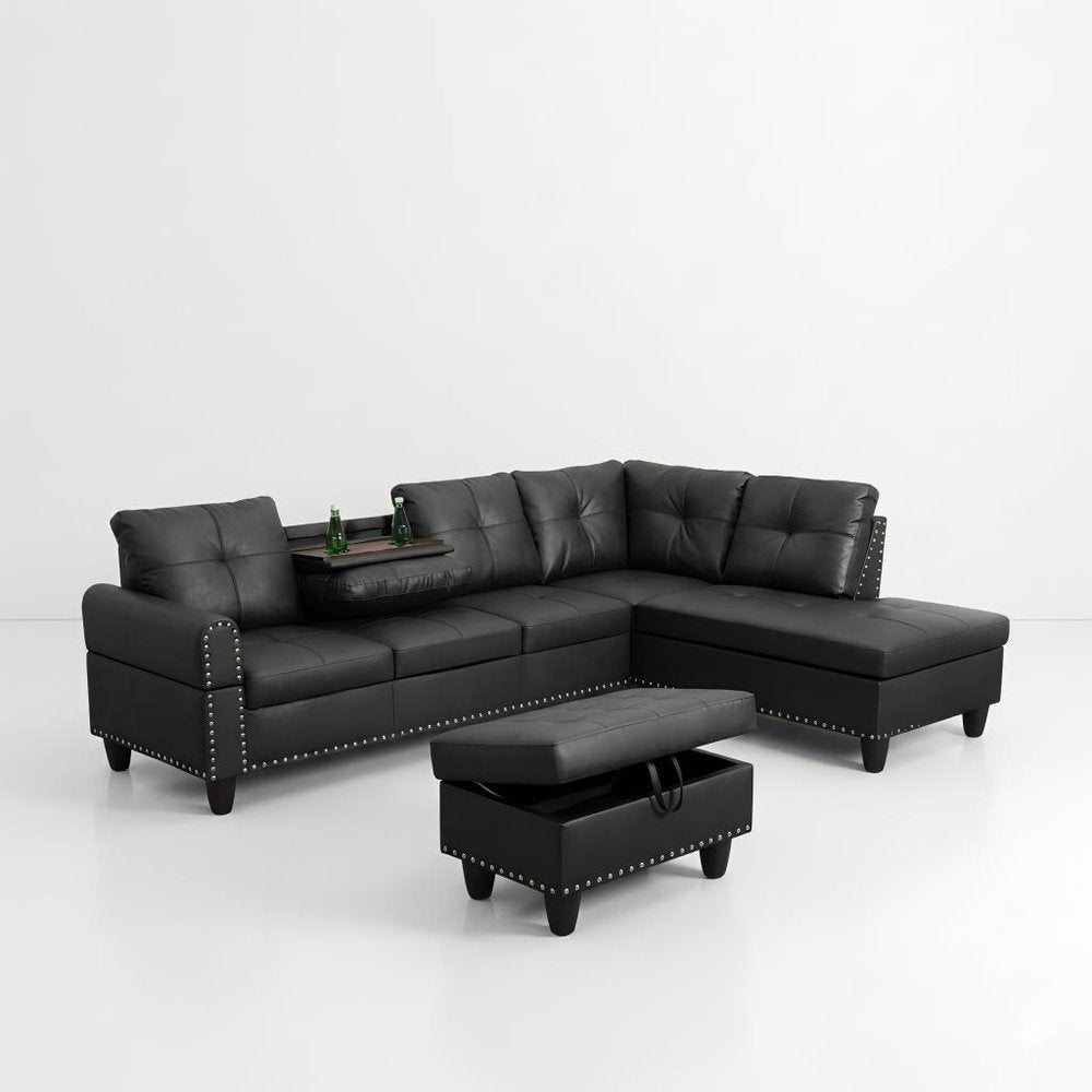 Modular L Shaped Three Piece Sofa and Chaise Sectional With Ottoman