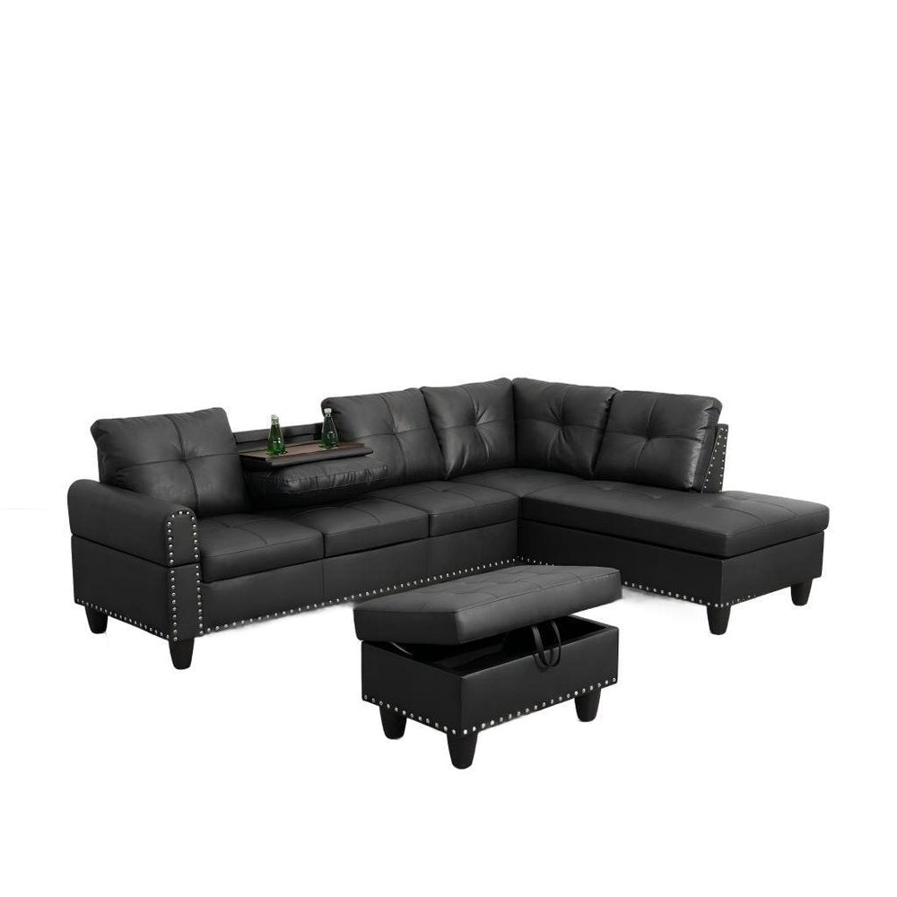 Modular L Shaped Three Piece Sofa and Chaise Sectional With Ottoman