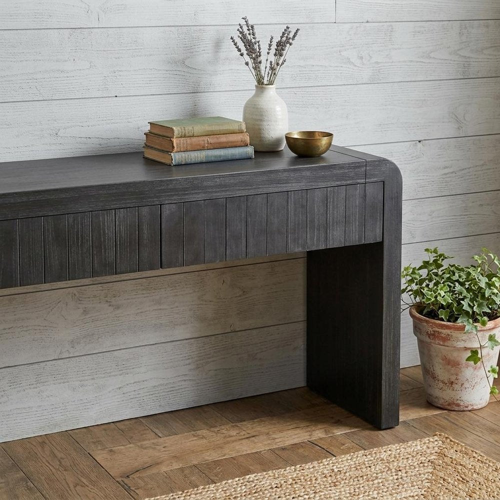 59" Black Distressed Wood Pedestal Console Table