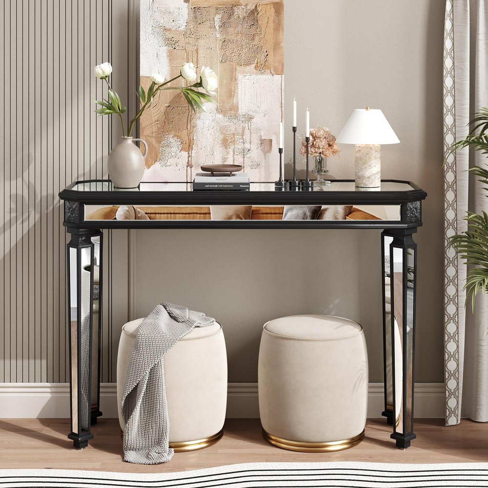 48" Silver Glass And Solid Wood Pedestal Console Table
