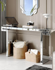 60" Silver Glass And Solid Wood Pedestal Console Table