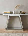 56" Silver Mirrored Glass Geometric Pedestal Console Table
