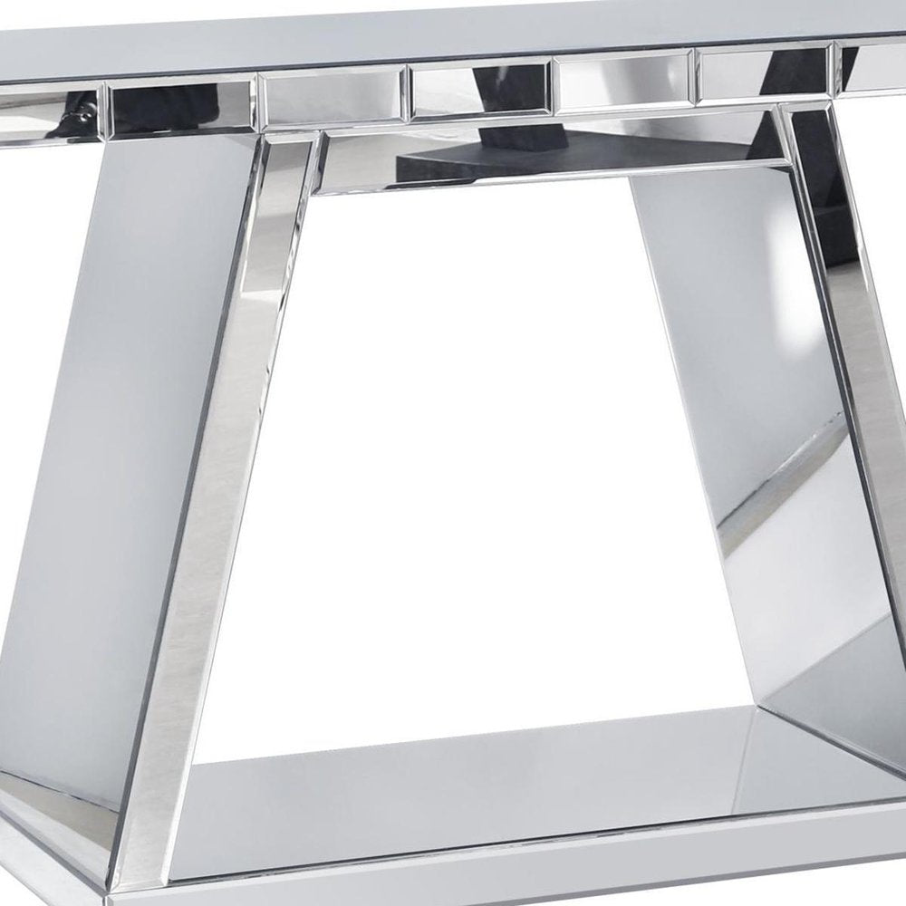 56" Silver Mirrored Glass Geometric Pedestal Console Table